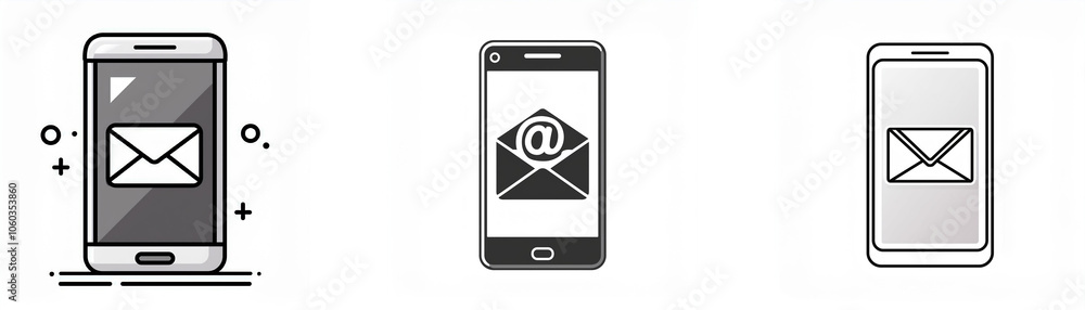 Poster three smartphone icons with envelopes and an at sign, indicating email communication.