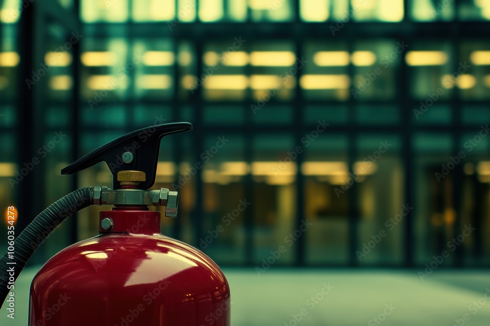 Aufkleber A bright red fire extinguisher stands in the foreground against the backdrop of a sleek building illuminated in soft evening light. Generative AI