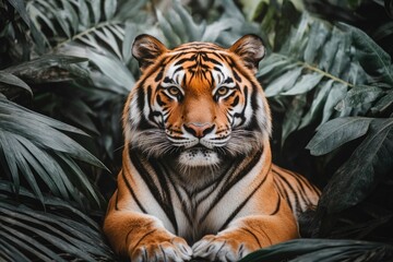 Fototapeta premium Exotic animals in natural habitats, like a tiger in a dense jungle with vibrant colors with copy space. Wild background