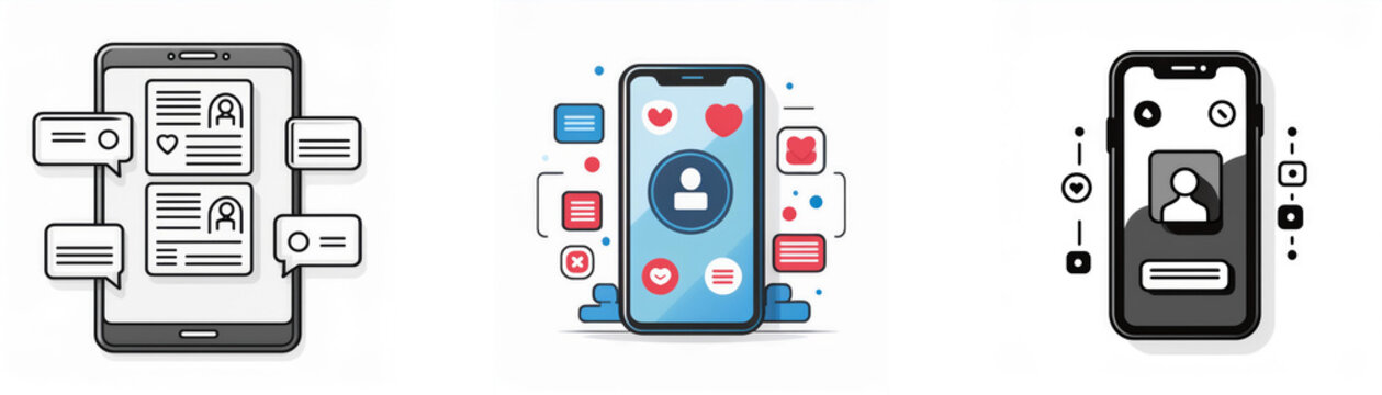 Three smartphone illustrations showcasing app user interfaces.