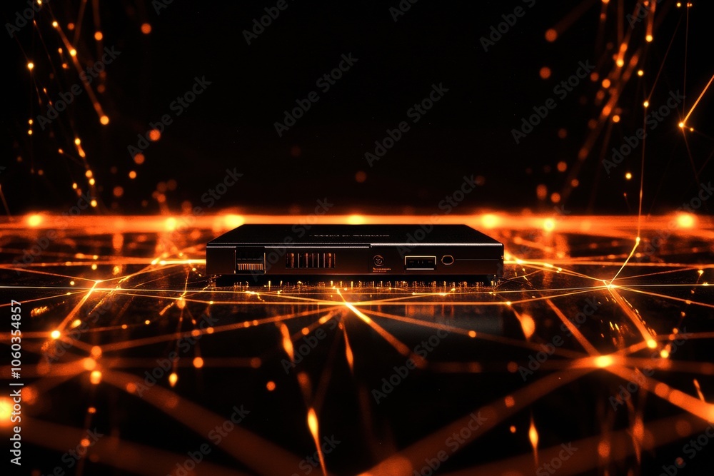 Poster a router sits centered amid glowing abstract lines, representing modern connectivity and the technol