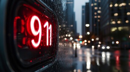 Emergency 911 Call Button on Wet City Street at Dusk Reflecting Urban Lights and Traffic