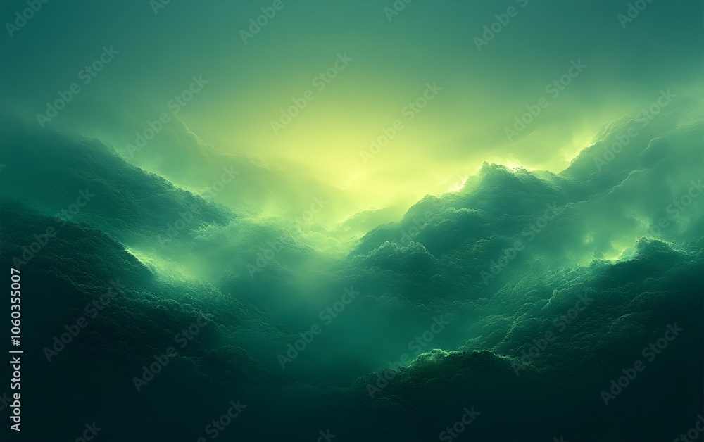 Poster a surreal landscape of emerald green clouds flowing seamlessly into a glowing horizon, creating a dr