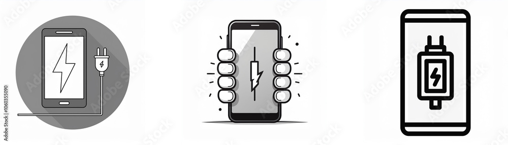 Poster three illustrations showing a phone charging with a lightning bolt inside the screen, plugged into a