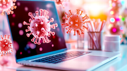 Fototapeta premium Virtual Threat: A laptop screen is surrounded by a swarm of 3D rendered coronavirus particles, symbolizing the digital world's vulnerability to the pandemic.