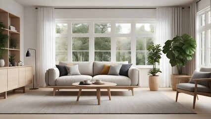 Fototapeta premium Scandinavian Inspired Living Room with Cozy Neutrals, Soft Lighting, and Lush Greenery for a Calming Atmosphere (5)