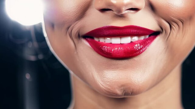 Camera movement static, studio lighting, establishing video. model showcasing bold red lipstick, lips slightly parted in a confident smile