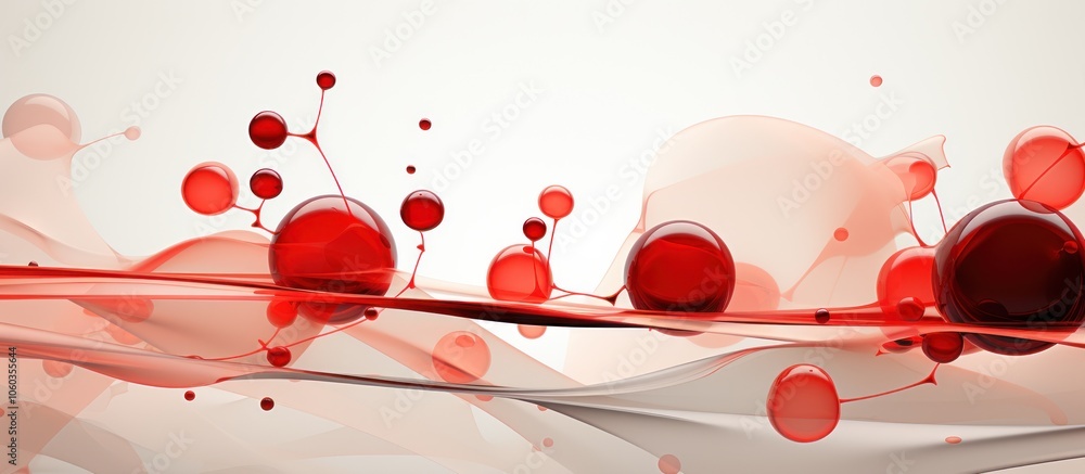 Poster abstract representation of red molecules and fluid dynamics on a light background.