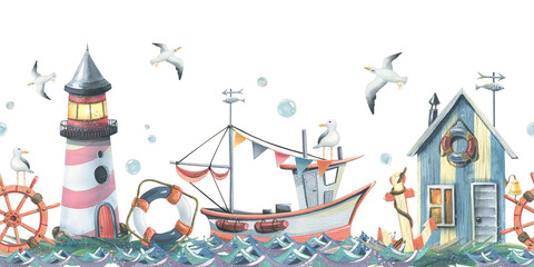 Sea lighthouse with fishing boat and cabin, ship steering wheel, lifebuoy, anchor with flying seagulls and bubbles on water and shore. Hand drawn watercolor illustration. Seamless border pattern. © NATASHA-CHU