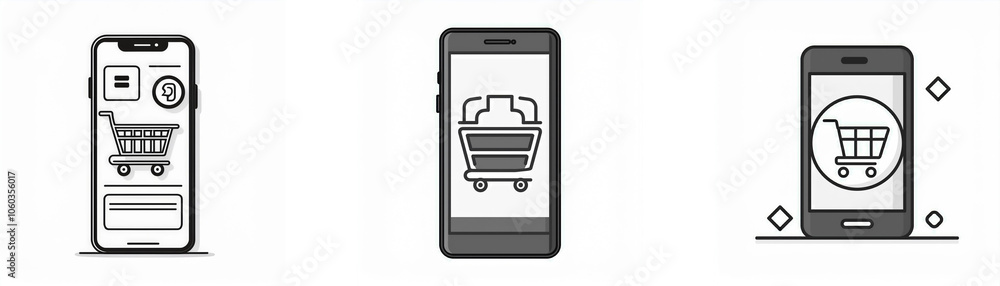 Aufkleber three monochrome illustrations of a smartphone with a shopping cart icon on the screen.