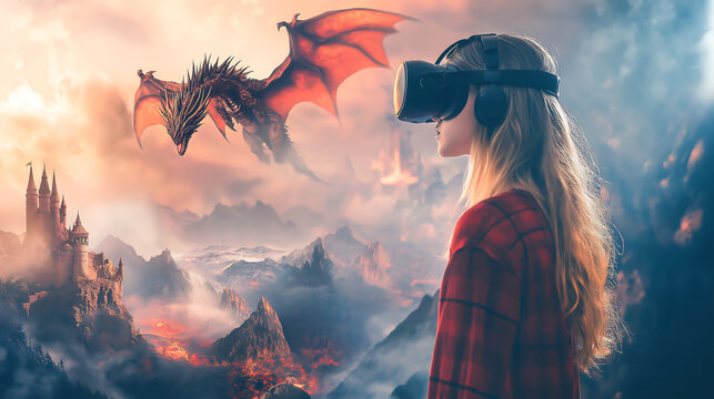 A woman wearing a VR headset playing virtual reality fantasy game, immersed in the experience fantasy featuring a majestic dragon flying over mountains or ancient castles