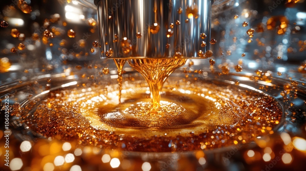 Poster golden liquid pouring from a spout into a container, creating a swirl and splashing droplets.
