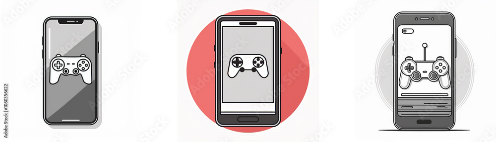 Poster Three different phone screens depicting a gamepad, the first is a black and white display, the second is in a red circle, and the third has a game controller app interface.