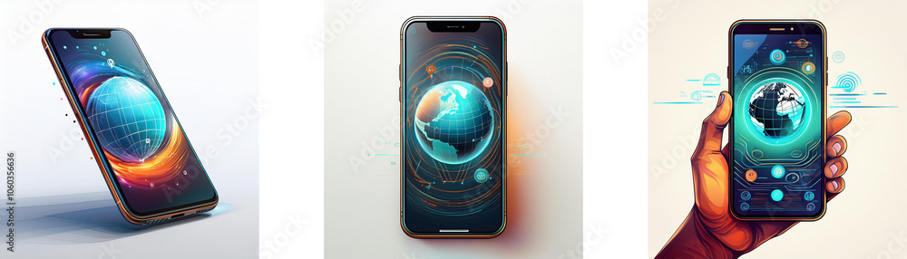 Aufkleber Three smartphones with a globe displayed on the screen.