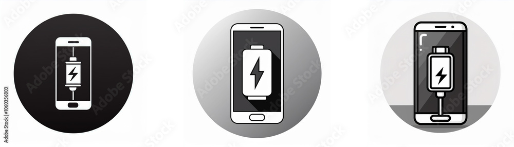Aufkleber three different icons represent the charging of a mobile phone with a lightning bolt symbol.