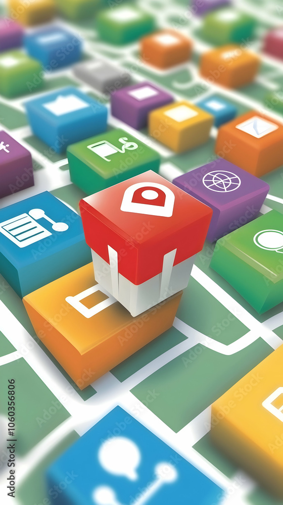 Poster a red cube with a location pin icon stands out among other colorful cubes, symbolizing a navigation 