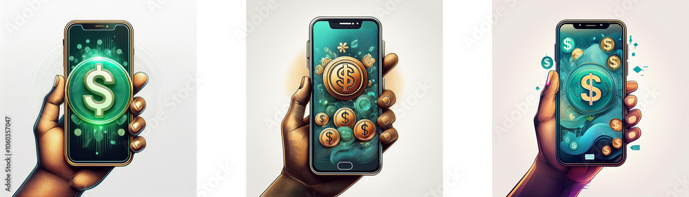 Poster three hands hold smartphones displaying various dollar signs and currency symbols, suggesting mobile
