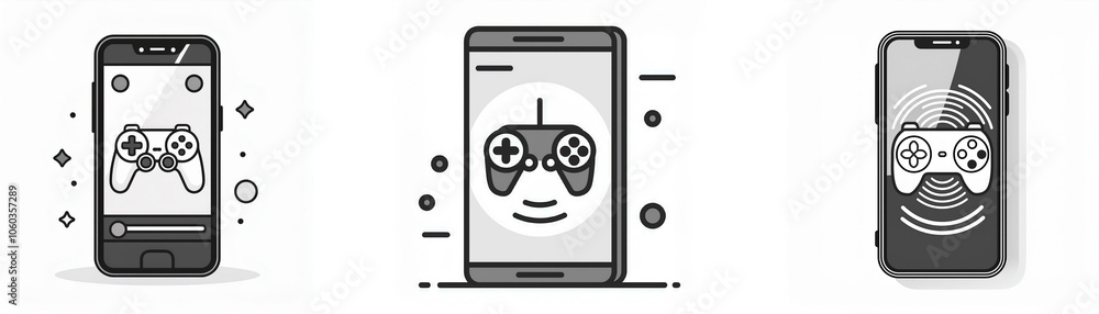 Poster three smartphones with a gamepad icon displayed on the screen.