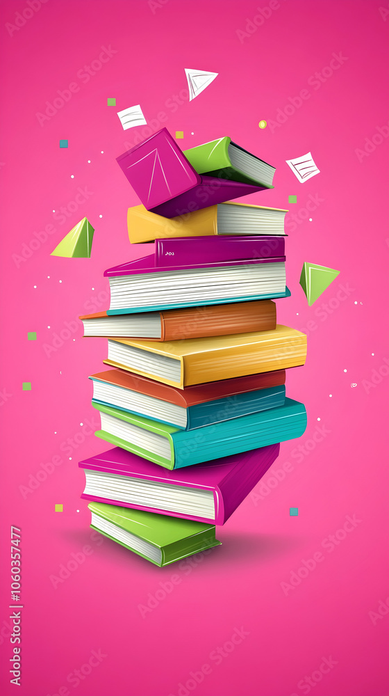 Poster a stack of colorful books with paper confetti floating around them on a pink background.