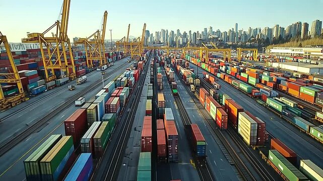 Aerial view of bustling train yard with cranes and workers handling cargo containers on flatbed cars.