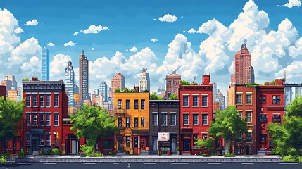 A pixel art illustration of a cityscape with colorful buildings and a blue sky.