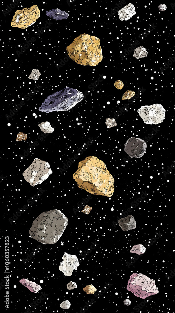 Poster a vertical pattern of rocks and minerals floating in space.