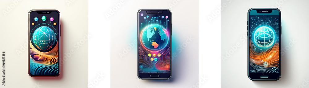 Fototapete three smartphones are shown in a row. the screens are all illuminated with different color schemes, 