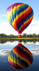 A vibrant hot air balloon reflected in a still lake.