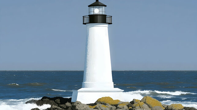 A white lighthouse stands tall on rocky coast with waves crashing against the rocks, a beacon of hope and guidance.