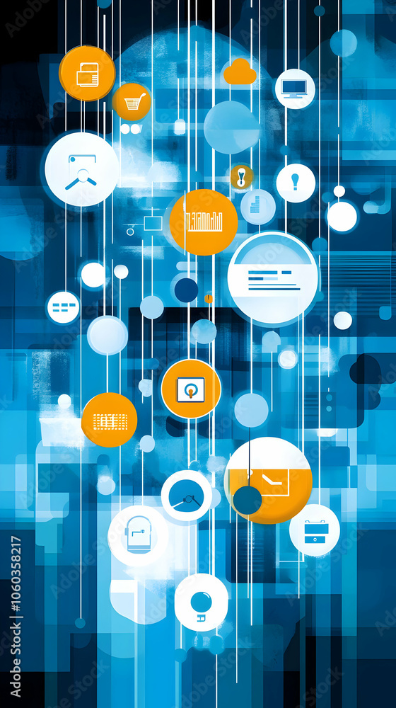 Poster abstract background with various digital icons and blue and orange color scheme.
