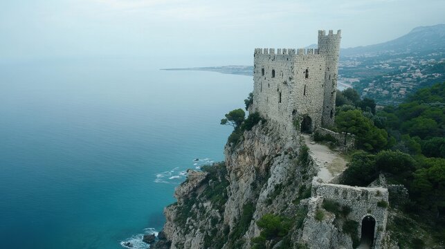 Stunning Coastal Castle on a Cliff Overlooking the Tranquil Blue Sea