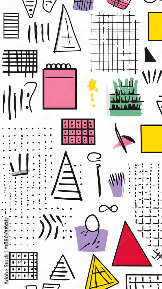 Poster abstract geometric seamless pattern with lines, triangles, and squares in various colors.