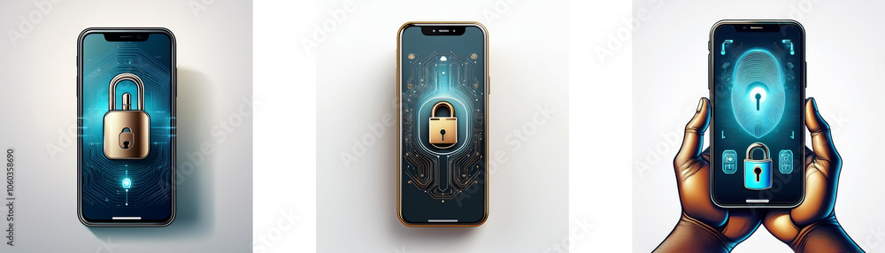Poster three smartphones display different styles of security locks and icons.
