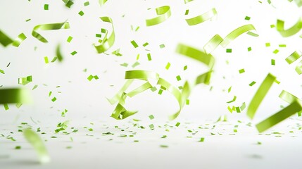 Fototapeta premium Green confetti fluttering in air with white background