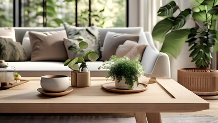 Fototapeta premium Scandinavian Inspired Living Room with Cozy Neutrals, Soft Lighting, and Lush Greenery for a Calming Atmosphere (55)
