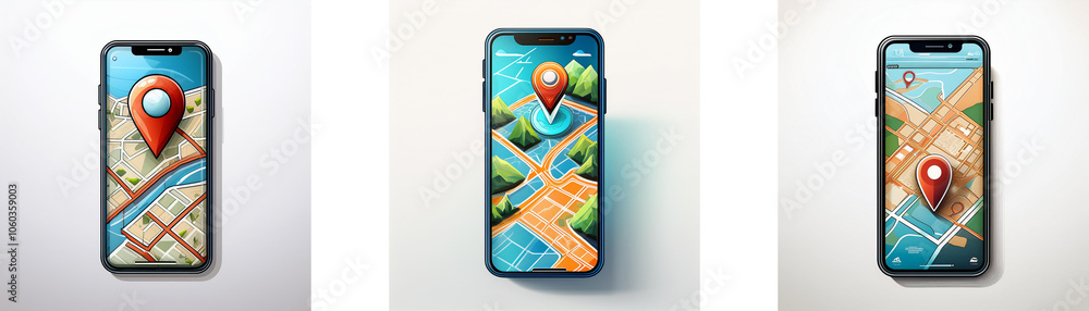 Poster three smartphones display maps with location pins, suggesting navigation and travel.