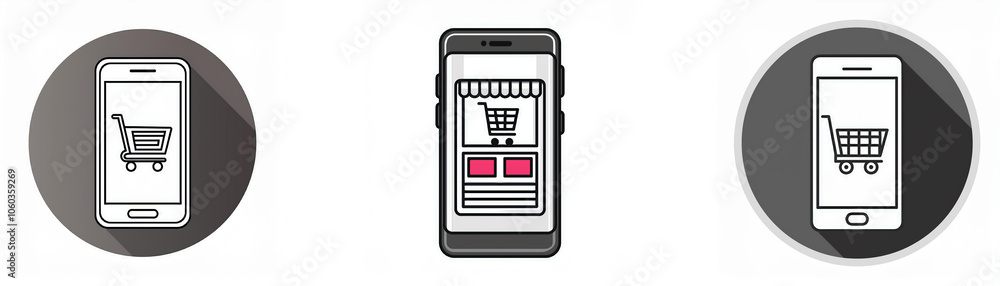Poster three smartphone icons with long shadows. each icon displays a shopping cart in the display.