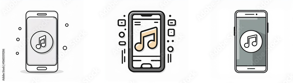 Fototapete three different styles of smartphone icons, all with the same music note icon in the center of the s
