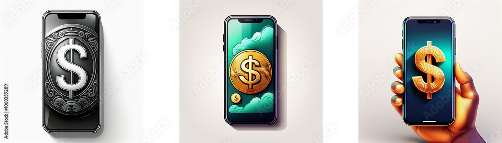 Poster three smartphone screens display dollar signs in different ways.