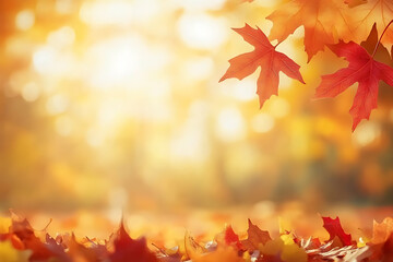 Fototapeta premium Foliage in the park. Autumn fall leaves of maple trees. Autumn fall leaves in sunlight. Natural autumn background. Autumnal background. Foliage, falling leaves background. Autumn leaf. Autumnal mood.