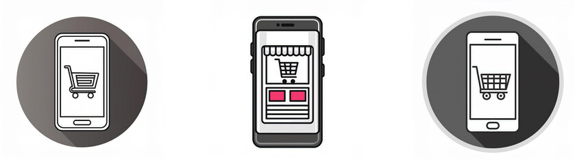 Three smartphone icons with long shadows. Each icon displays a shopping cart in the display.