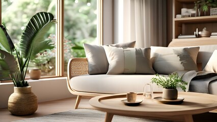 Scandinavian Inspired Living Room with Cozy Neutrals, Soft Lighting, and Lush Greenery for a Calming Atmosphere (66)