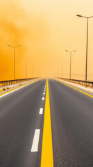 Fototapeta premium long highway stretches into distance, enveloped in heat haze and dust, creating surreal atmosphere. road is lined with streetlights, emphasizing desolate landscape