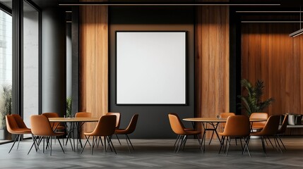 Modern interior with stylish dining tables and chairs, large blank framed poster on wooden wall, and floor-to-ceiling windows.
