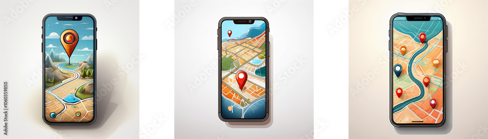 Leinwandbilder three smartphones display a map with location pins, each with different levels of detail.