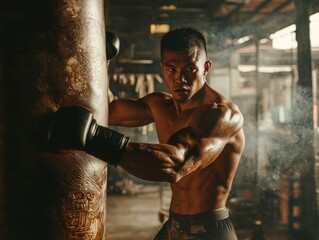 Muscular Muay Thai Fighter Practicing Intense Martial Arts Workout in Gritty Gym Setting