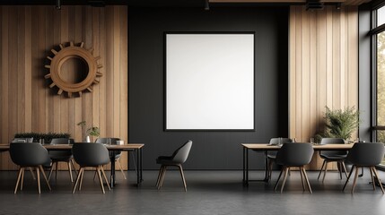 Fototapeta premium Modern conference room with wooden wall panels, empty whiteboard, stylish black chairs, wooden tables, green plants, and large windows creating a bright and professional atmosphere.