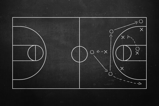 Black Chalkboard with Basketball Background Card Sport Court, Strategy or Plan Competition Concept. Vector illustration of Game Board.