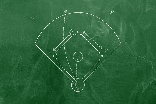 Baseball play strategy drawn on chalk board. Homer run and batter runs to the base.