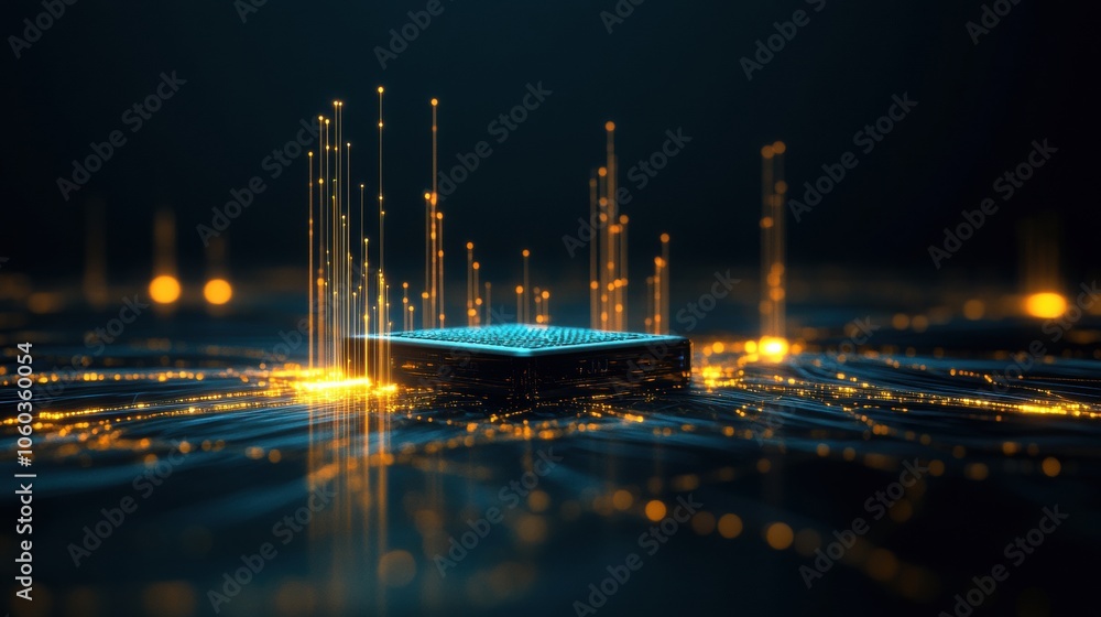 Poster network cables and a router are featured centrally, with glowing lines creating an abstract technolo